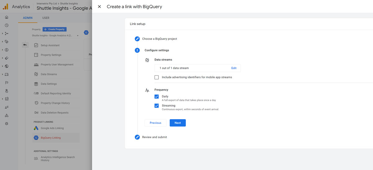 Screenshot of how to specify which data streams you want to export to BigQuery 