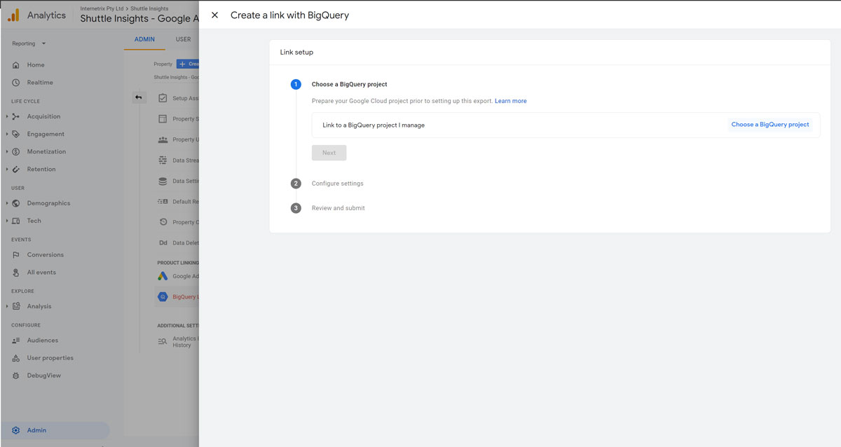 Screenshot of how to choose the BigQuery project you have created 
