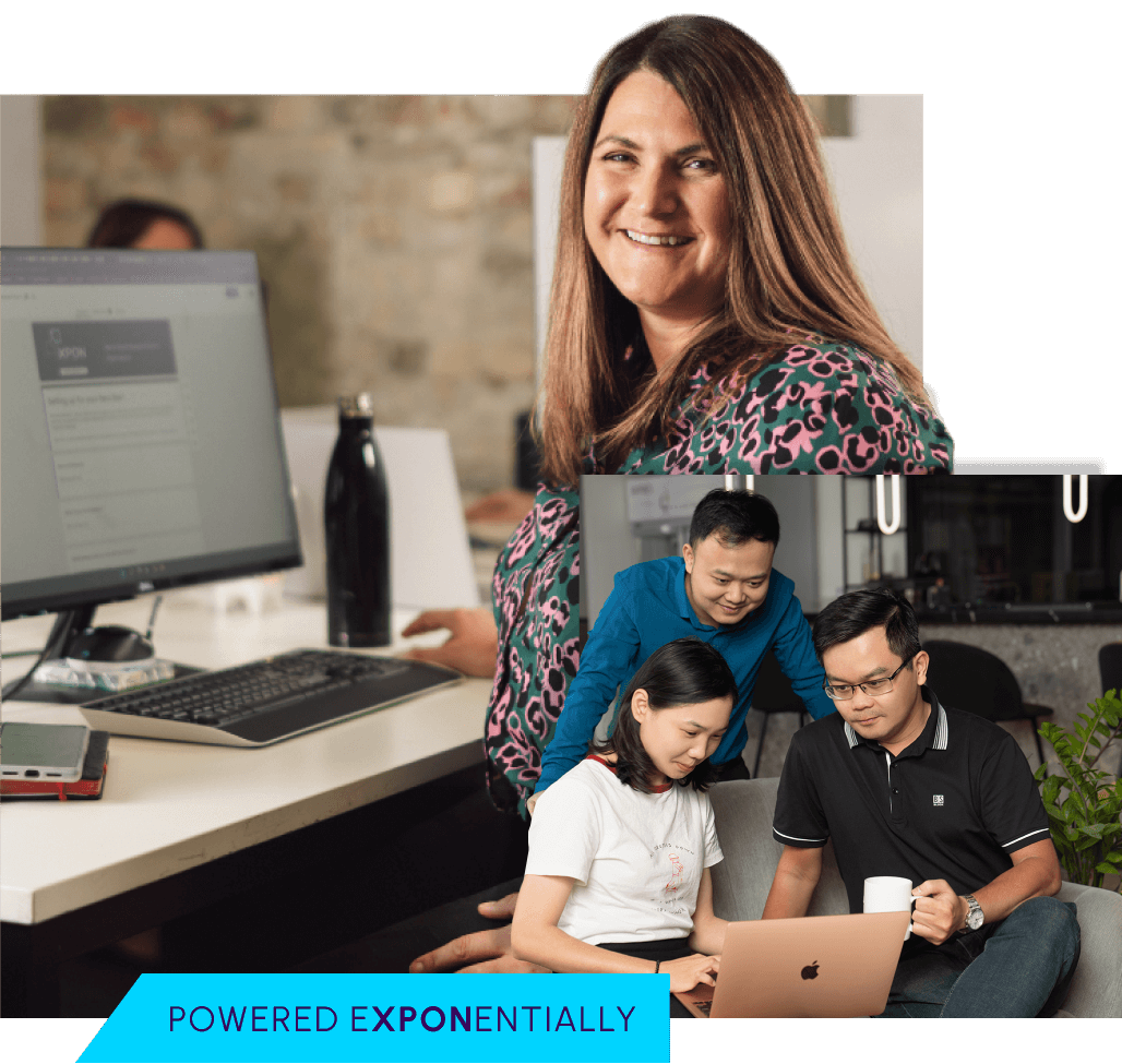 woman smiling while working, a group of employees working together in a relaxed environment