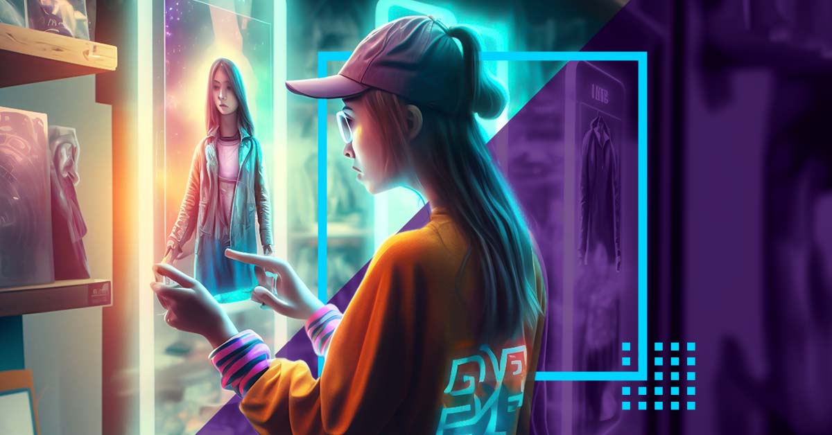 Futuristic retail technology concept. A young woman uses smart hologram display with virtual augmented reality in the retail for selecting products