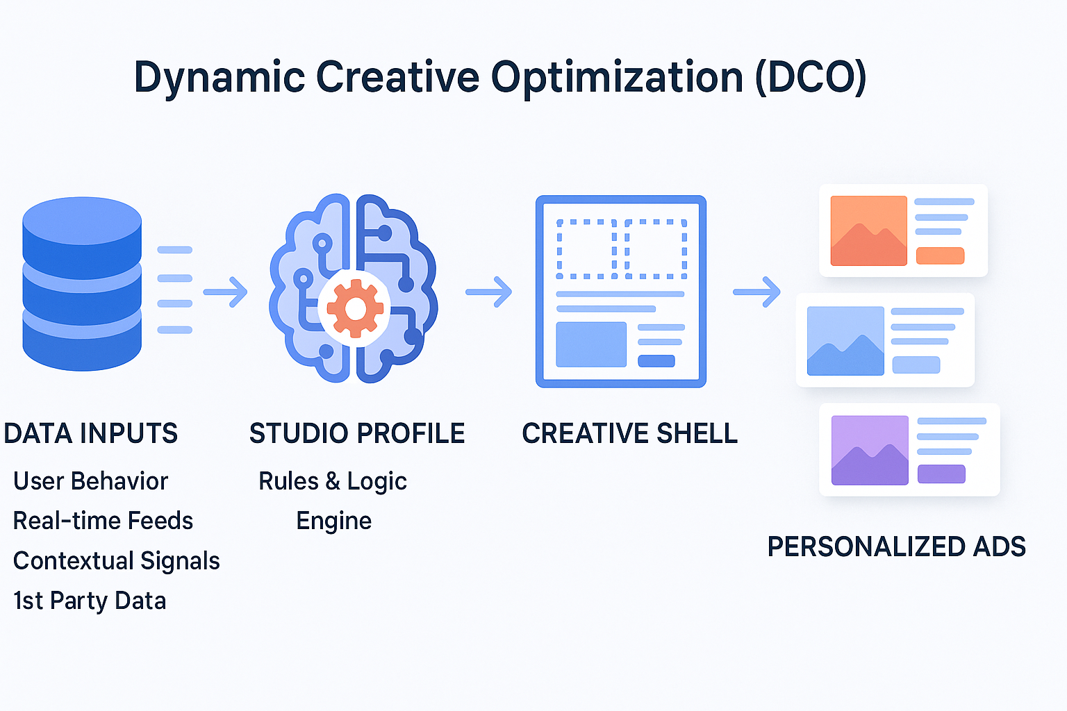 Dynamic Creative Optimization workflow diagram showing data inputs flowing through Studio Profile rules engine to creative shell, resulting in multiple personalized ad variations